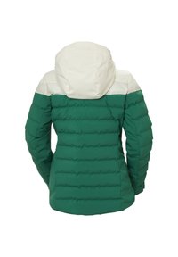 Groene en witte gewatteerde jas met capuchon, met een paneelontwerp, horizontale quiltpatronen en een gladde textuur. Kenmerkt zich door een hoge kraag en een getailleerd silhouet.