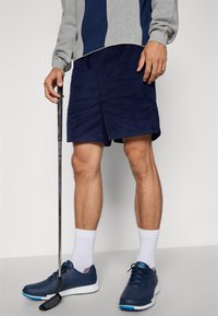Marine cordshorts, kombinert med en grå og marineblå stripete genser, hvite sokker og blå joggesko. En golfklubbe holdes i hånden.