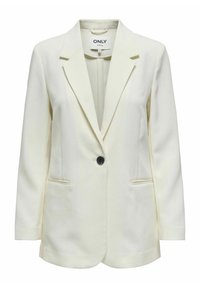 Lyst gul blazer med notched revers, enkelt sort knaplukning og to frontlommer. Glat stof og skræddersyet pasform.
