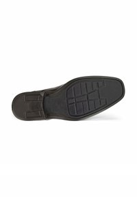 Schwarze Schuhsohle mit rechteckigen und zickzackförmigen Profilmustern, aus Gummi, flaches Design und mit erhabener Markenbeschriftung.