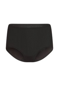 Zwarte, hoog uitgesneden onderbroek gemaakt van glad stof met een simpel ontwerp, voorzien van een naadloze tailleband en uitgesneden zijkanten voor comfort.