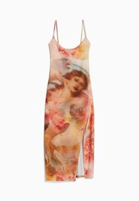 Sukienka typu slip z cienkimi ramiączkami, ozdobiona kwiatowym wzorem w odcieniach różu, pomarańczu i kremu. Lekka, gładka tkanina z bocznym rozcięciem.