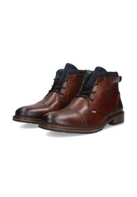 Botines de cuero marrón hasta el tobillo con punteras redondas, cordones negros y forro texturizado en azul-verde. Presentan detalles de costura y un tacón bajo.