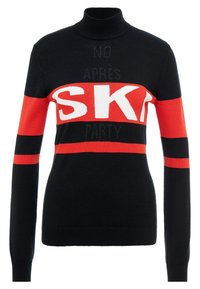 Schwarzer Strickpullover mit hohem Kragen, der kräftige rote und weiße Streifen und den Aufdruck "SKI" auf der Brust zeigt. Strukturierter Stoff.