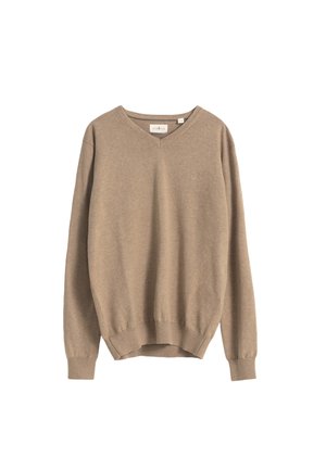 Suéter marrón de cuello en V con mangas largas, puños y dobladillo acanalados, confeccionado en un tejido suave. Presenta un pequeño logotipo en el lado izquierdo del pecho.