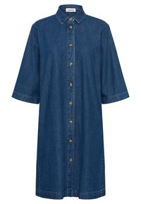 Denim srajčna obleka v temno modri barvi, z ovratnikom, kratkimi rokavi in gumbi ob sprednji strani. Mehka tekstura z ohlapnim krojem.