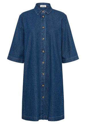 Denim srajčna obleka v temno modri barvi, z ovratnikom, kratkimi rokavi in gumbi ob sprednji strani. Mehka tekstura z ohlapnim krojem.