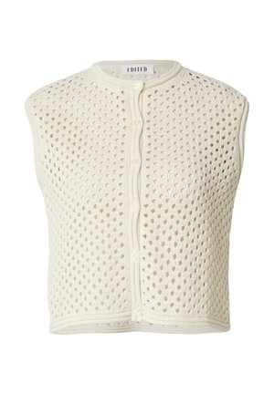 Knit sleeveless cardigan in off-white with a textured, open mesh pattern and button closure, featuring a round neckline and ribbed edges.