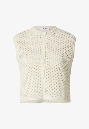 Knit sleeveless cardigan in off-white with a textured, open mesh pattern and button closure, featuring a round neckline and ribbed edges.