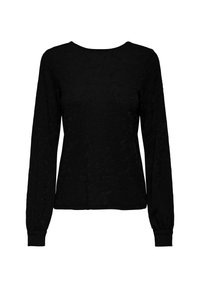 Sort langermet topp med teksturert mønster, rund hals og tettsittende mansjetter. Laget av mykt stoff med en jevn overflate.