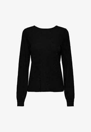 Czarny top z długim rękawem z fakturowanym wzorem, okrągłym dekoltem i dopasowanymi mankietami. Wykonany z miękkiej tkaniny o gładkim wykończeniu.