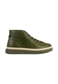 Green leather high-top sneakers with a round toe, lace-up front, contrasting beige midsole, and textured rubber outsole.