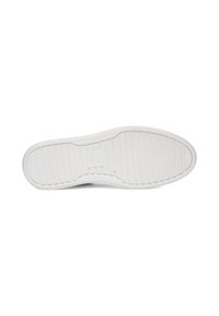 White rubber shoe sole with textured grooves and a smooth surface. Features reinforcing accents for durability and grip.