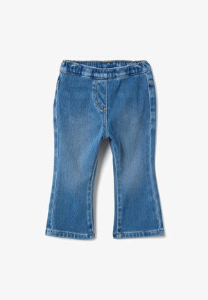 Blauwe denim wijde broek met een elastische tailleband, voorzien van gestikte naden en een gladde textuur. Zonder zakken of versieringen.