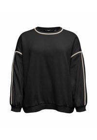 Czarna bluza z długimi rękawami, z beżowym obszyciem wzdłuż szwów rękawów oraz ściągaczem u dołu. Miękki materiał o lekko luźnym kroju.