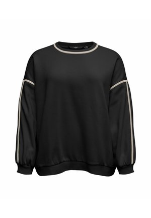 Črni pulover s kapuco z dolgimi rokavi, s bež obrobami ob šivih rokavov in rebrastim robom. Mehka tkanina z rahlo sproščenim krojem.