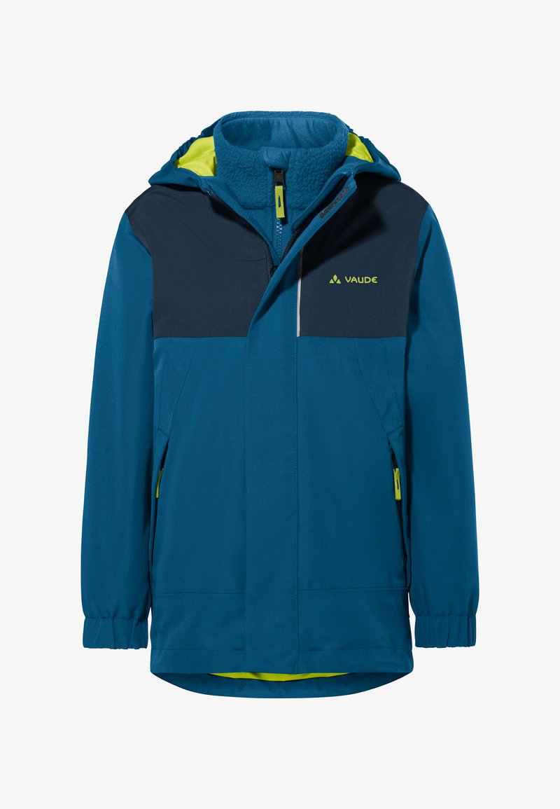 Giacca impermeabile in teal e blu navy, con cappuccio, foderata in pile e con tasche zippate. Accenti gialli a contrasto all'interno e sulle zip.