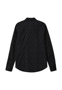 Schwarzes Langarmshirt mit einem geometrischen Dreiecksmuster in Beige, aus glattem Stoff mit einem umgeschlagenen Kragen und knöpfbaren Manschetten.