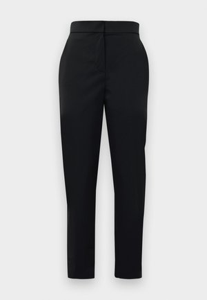 Svarte skreddersydde bukser med en glatt tekstur, rett passform og glidelås foran. Har et minimalistisk design og rene linjer.