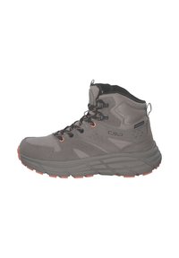 Mittelhohe Wanderschuhe aus grauem Wildleder und Mesh mit einer dicken grauen Sohle und orangefarbenen Akzenten. Verfügt über wasserdichte Markenkennzeichnung und fünf Metallösen.