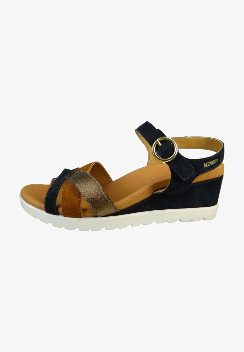 Navy suede sandal with metallic bronze accents, open toe, adjustable strap, wedge heel, and a textured white rubber sole.