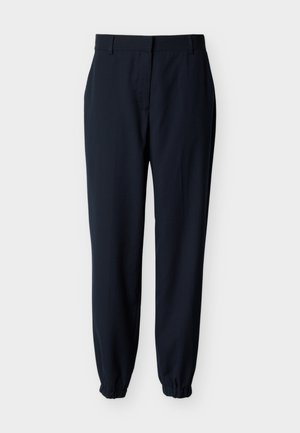 Tamnoplave sužene hlače s elastičnim manšetama i obrubima za remen, prikazane ravno na bijeloj pozadini.