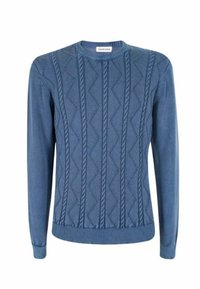 Maglione blu lavorato a maglia con un motivo testurizzato a forma di diamante e dettagli a cavo, scollatura rotonda e polsini e orlo a coste.