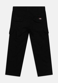 Black cargo pants made of sturdy fabric, featuring multiple pockets, a back patch pocket, and reinforced stitching, with a straight-leg cut.