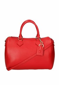 Rode leren handtas met een gestructureerde afwerking, ronde handvatten, een afneembare schouderband en een klein label aan de zijkant.