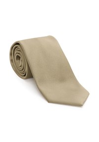 Beige slips med en solid textur, som har ett subtilt ribbat mönster. Rullad form, avsmalnande ände och slät tygfinish.