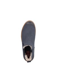 Bottine en cuir marine avec doublure en fourrure douce, fermeture éclair sur le côté et semelle en caoutchouc marron, présentant un bout arrondi et une texture lisse.