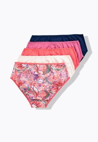 Cinco bragas para mujer estilo shorty en azul marino, rosa, coral, rosa claro y con estampado floral en tonos rosas y morados, dispuestas en forma de abanico.