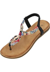 Multicolored thong sandal with floral pattern straps, metallic accents, and a cushioned beige footbed. Black elastic handle for snug fit.