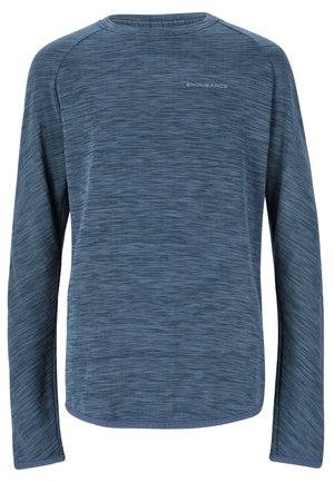 Blaues langärmliges Sportshirt aus strukturiertem Stoff. Verfügt über einen Rundhalsausschnitt und dezente Markenkennung im oberen Brustbereich.