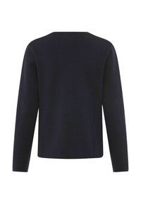 Zwarte trui met lange mouwen en ronde hals, effen gebreide stof, van achteren getoond met rechte zoom en zonder zichtbare versieringen.