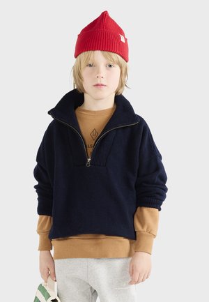 Navy blue fleece pullover with a high collar and zip, layered over a brown shirt; paired with gray sweatpants and a red knit hat.