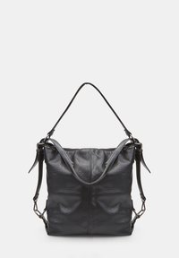 Borsa a tracolla in pelle nera con una texture morbida, dotata di manici doppi e di una tracolla removibile. Design semplice, senza hardware visibile.