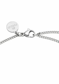 Silberne Metallkette Armband mit einem Karabinerverschluss und einem runden Anhänger, der mit "P UR E L E T" geprägt ist. Texturierte Glieder verbessern das Gesamtdesign.