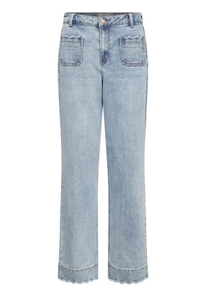 Light blue denim jeans with a high waist, cropped wide legs, scalloped hem, two back pockets, and a button closure at the front.