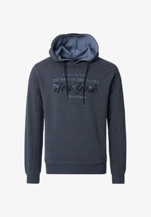 Dunkelgrauer Kapuzenpullover mit Kängurutasche, bedruckt mit "New York Adventure" in schwarzer und hellblauer Schrift. Weicher Stoff.