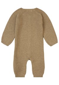 Beiger gestrickter Overall mit langenÄrmeln, gerippten Bündchen und rundem Halsausschnitt. Verfügt über ein strukturiertes Muster, einen lässigen Schnitt und offene Füße.