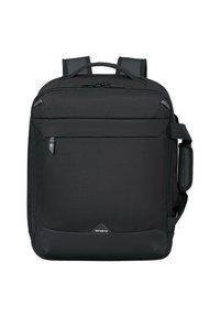 Zaino rettangolare nero con spallacci imbottiti, tasca frontale con zip, manico laterale e logo Samsonite al centro in basso.
