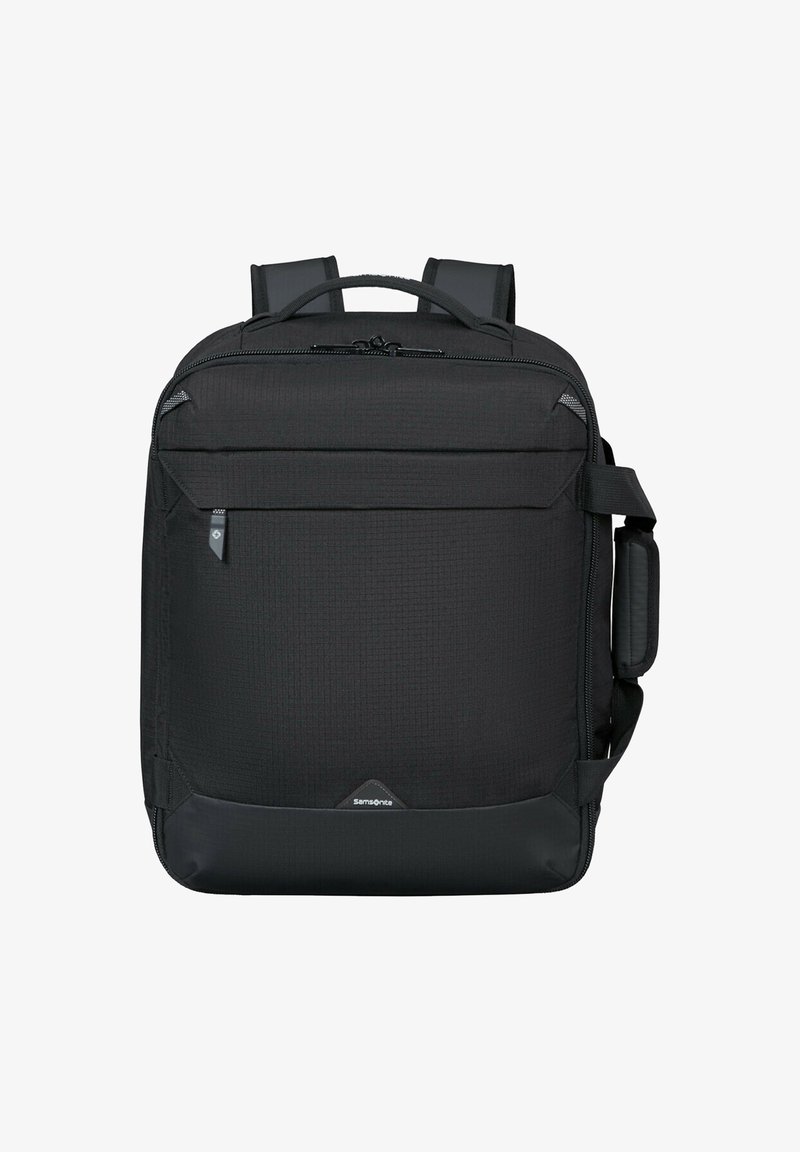 Sac à dos rectangulaire noir avec des bretelles rembourrées, poche avant zippée, poignée latérale et logo Samsonite au centre en bas.