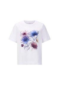 T-shirt en coton blanc avec un motif floral comportant des fleurs bleues et bordeaux, des détails délicats et des manches courtes.