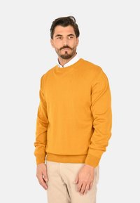 Maglione giallo senape realizzato in un materiale morbido, con scollatura rotonda classica e polsini e orlo a costine, indossato sopra una camicia bianca.