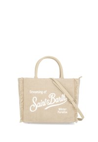 Borsa in velluto a coste beige con bordi sfrangiati, con testo bianco "Dreaming of Saint Barth Winter Paradise." Due manici e tracolla regolabile.