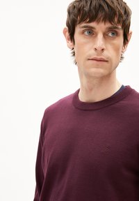 Bordeauxfarbener Sweatshirt mit geripptem Rundhalsausschnitt, weichem Material und kleinem Logo-Emblem auf der Brust. Einfaches Design, geeignet für legere Anlässe.