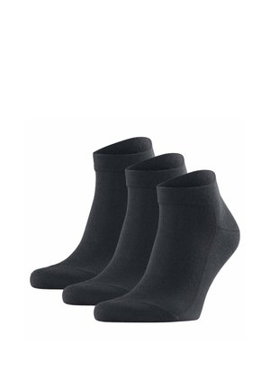 Drei schwarze, niedrig geschnittene Knöchelsocken nebeneinander auf weißem Hintergrund angeordnet.