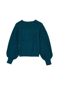 Türkiser gestrickter Pullover mit Rautenmuster, Ballonärmel sowie gerippten Bündchen und Saum, flach auf weißem Hintergrund ausgelegt.