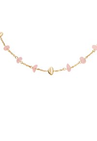 Bracciale in oro con accenti di pietre semi-preziose rosa chiaro a forma di petali, intervallati da ovali link in oro. Texture liscia in tutto il gioiello.